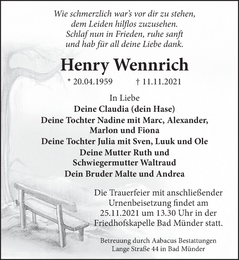  Traueranzeige für Henry Wennrich vom 17.11.2021 aus Neue Deister-Zeitung