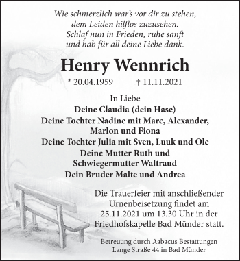 Traueranzeige von Henry Wennrich von Neue Deister-Zeitung