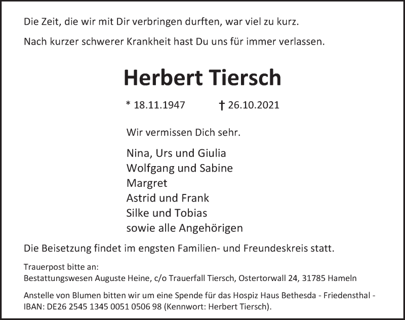 Traueranzeige für Herbert Tiersch vom 13.11.2021 aus Deister- und Weserzeitung