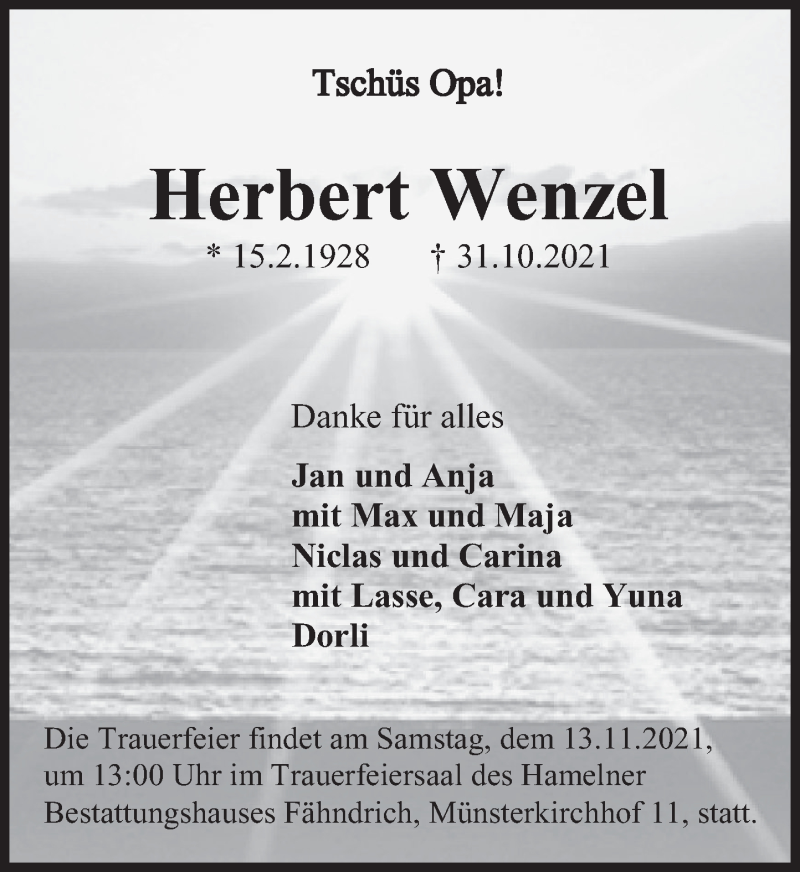  Traueranzeige für Herbert Wenzel vom 06.11.2021 aus Deister- und Weserzeitung
