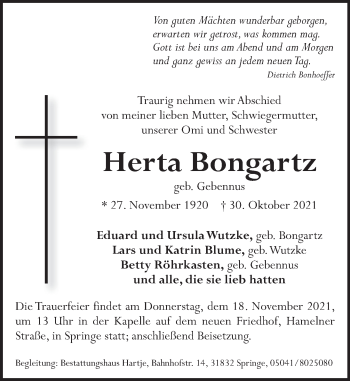 Traueranzeige von Herta Bongartz von Neue Deister-Zeitung