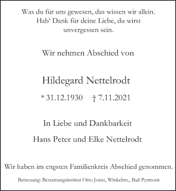 Traueranzeige von Hildegard Nettelrodt von Deister- und Weserzeitung