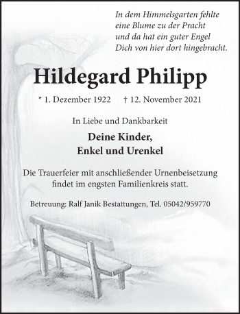 Traueranzeige von Hildegard Philipp von Neue Deister-Zeitung