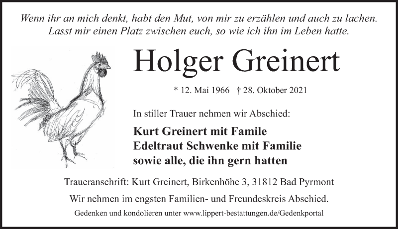  Traueranzeige für Holger Greinert vom 06.11.2021 aus Deister- und Weserzeitung
