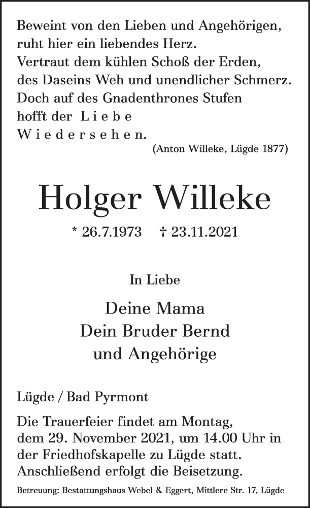  Traueranzeige für Holger Willeke vom 27.11.2021 aus Deister- und Weserzeitung