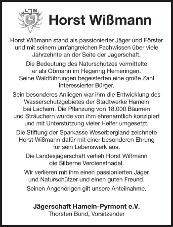 Traueranzeige von Horst Wißmann von Deister- und Weserzeitung