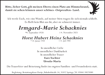Traueranzeige von Horst Hubert Heinz Schacknies von Neue Deister-Zeitung