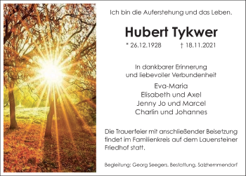Traueranzeige von Hubert Tykwer von Deister- und Weserzeitung