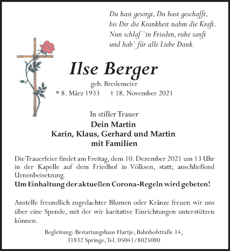 Traueranzeige für Ilse Berger vom 27.11.2021 aus Neue Deister-Zeitung