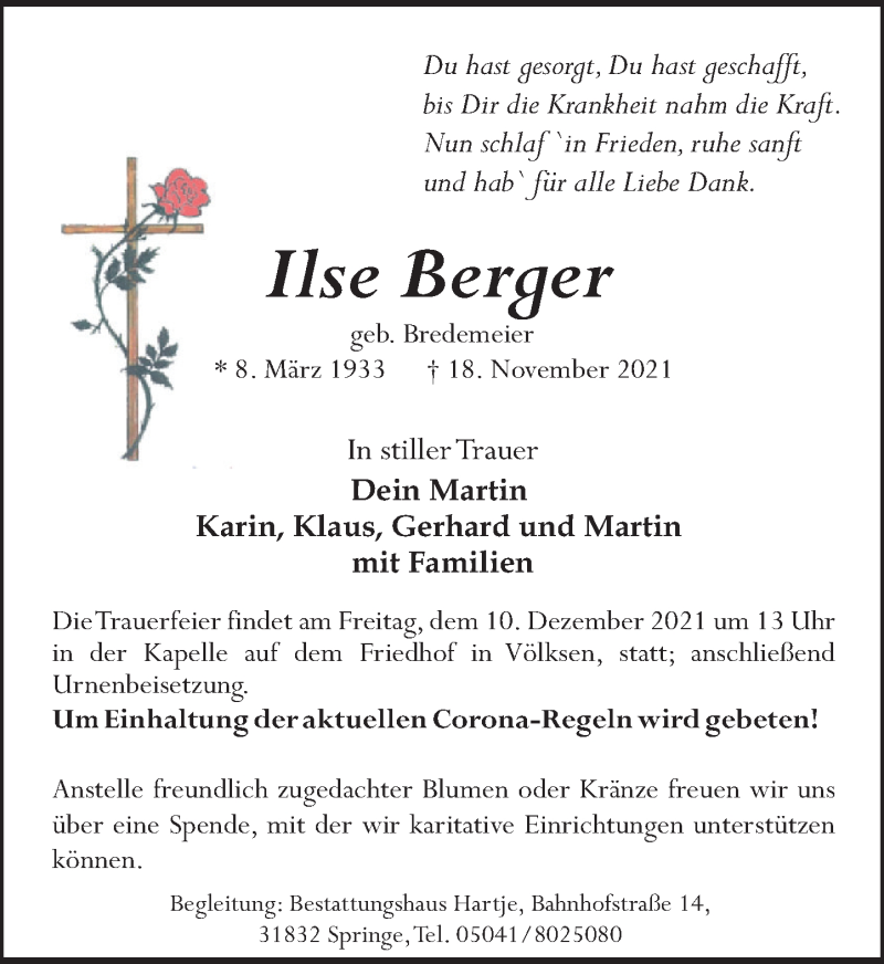 Traueranzeige für Ilse Berger vom 27.11.2021 aus Neue Deister-Zeitung