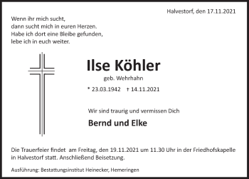 Traueranzeige von Ilse Köhler von Deister- und Weserzeitung