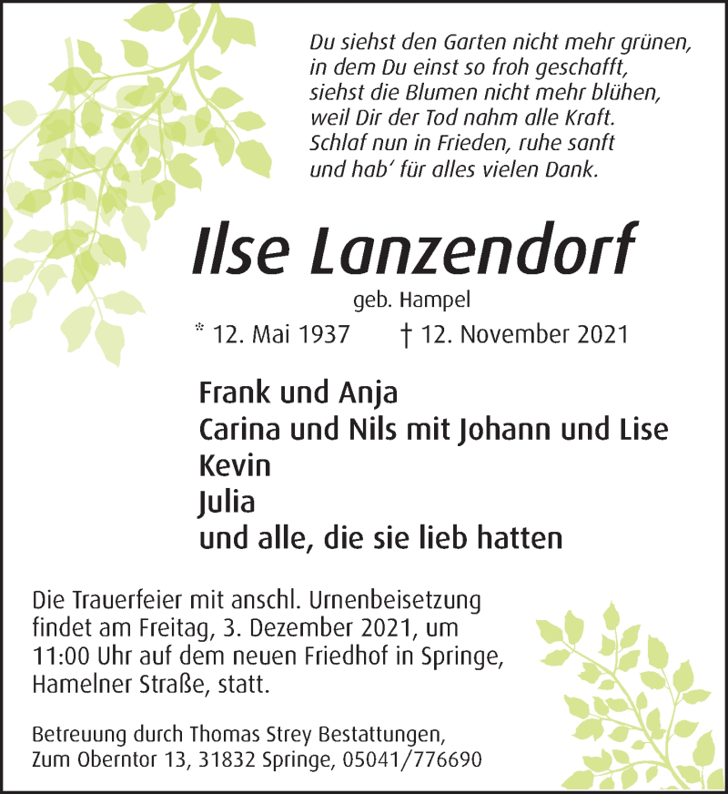  Traueranzeige für Ilse Lanzendorf vom 20.11.2021 aus Neue Deister-Zeitung