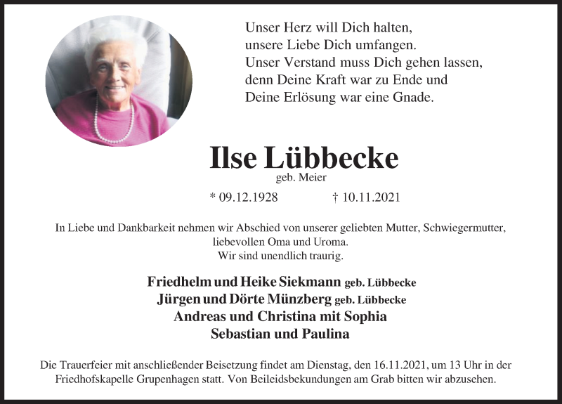 Traueranzeige für Ilse Lübbecke vom 13.11.2021 aus Deister- und Weserzeitung