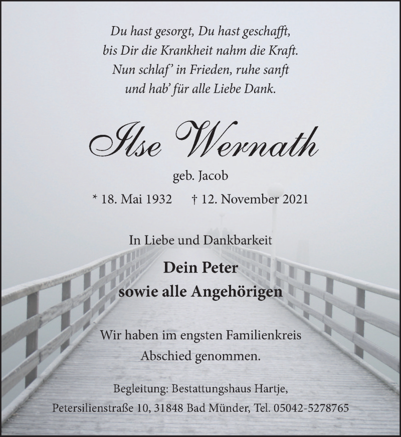  Traueranzeige für Ilse Wernath vom 27.11.2021 aus Neue Deister-Zeitung