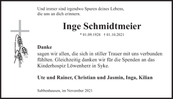 Traueranzeige von Inge Schmidtmeier von Deister- und Weserzeitung