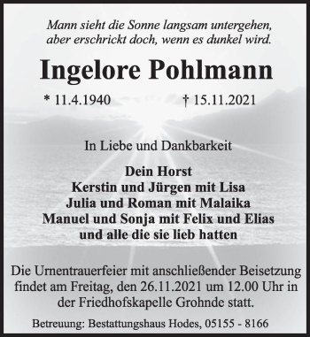 Traueranzeige von Ingelore Pohlmann von Deister- und Weserzeitung