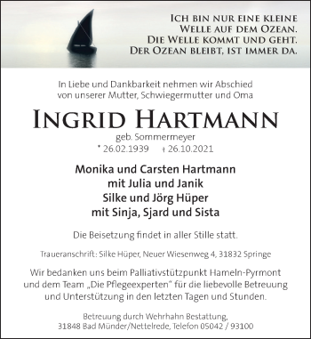 Traueranzeige von Ingrid Hartmann von Neue Deister-Zeitung