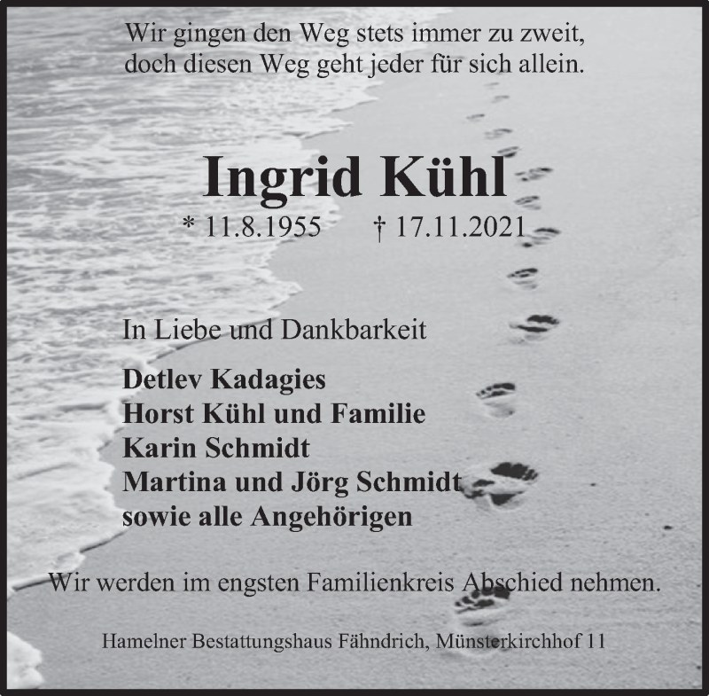  Traueranzeige für Ingrid Kühl vom 20.11.2021 aus Deister- und Weserzeitung