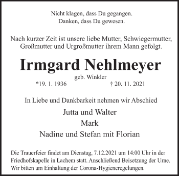 Traueranzeige von Irmgard Nehlmeyer von Deister- und Weserzeitung