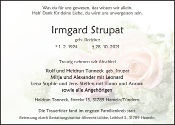 Traueranzeige von Irmgard Strupat von Deister- und Weserzeitung