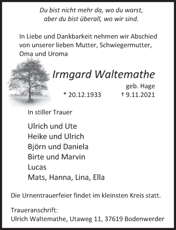 Traueranzeige von Irmgard Waltemathe von Deister- und Weserzeitung