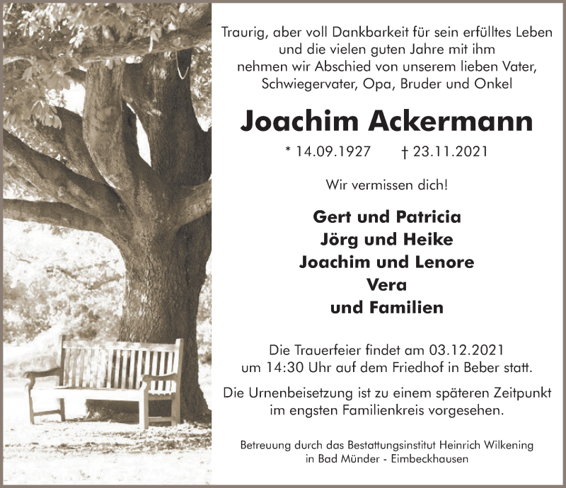  Traueranzeige für Joachim Ackermann vom 27.11.2021 aus Neue Deister-Zeitung