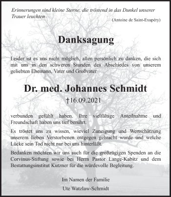 Traueranzeige von Johannes Schmidt von Deister- und Weserzeitung