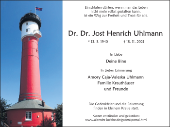 Traueranzeige von Jost Henrich Uhlmann von Deister- und Weserzeitung
