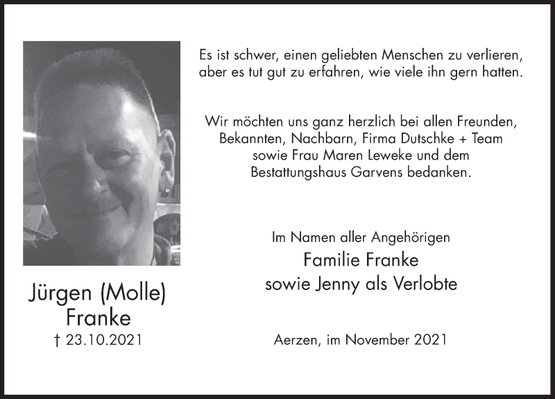  Traueranzeige für Jürgen Franke vom 20.11.2021 aus Deister- und Weserzeitung