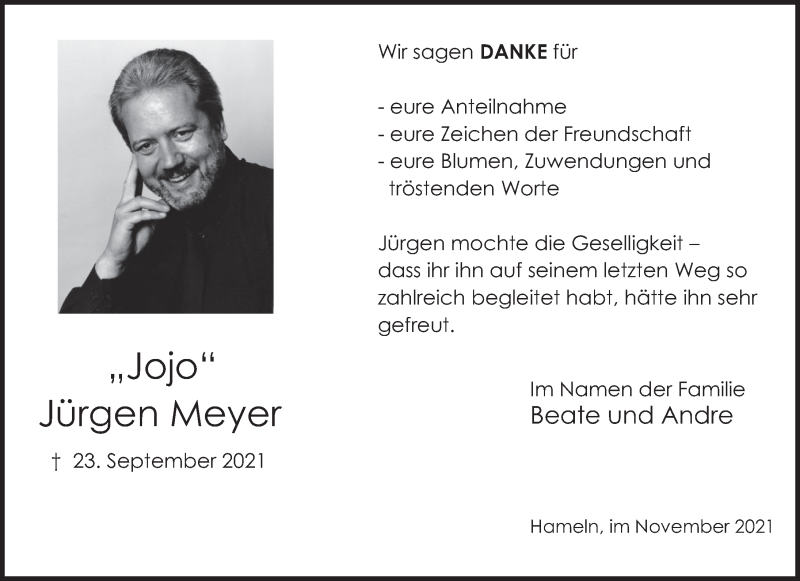  Traueranzeige für Jürgen  Meyer vom 20.11.2021 aus Deister- und Weserzeitung