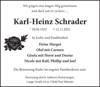 Traueranzeige von Karl-Heinz Schrader von Neue Deister-Zeitung