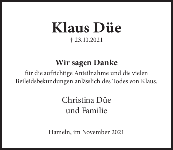 Traueranzeige von Klaus Düe von Deister- und Weserzeitung