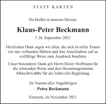 Traueranzeige von Klaus-Peter Beckmann von Deister- und Weserzeitung