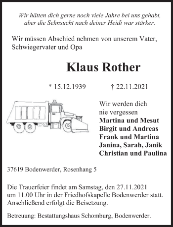 Traueranzeige von Klaus Rother von Deister- und Weserzeitung