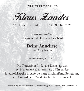 Traueranzeige von Klaus Zander von Neue Deister-Zeitung