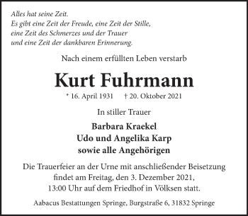 Traueranzeige von Kurt Fuhrmann von Neue Deister-Zeitung
