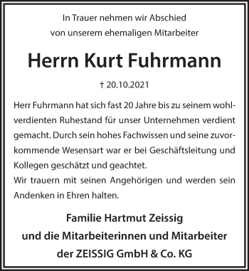 Traueranzeige von Kurt Fuhrmann von Neue Deister-Zeitung