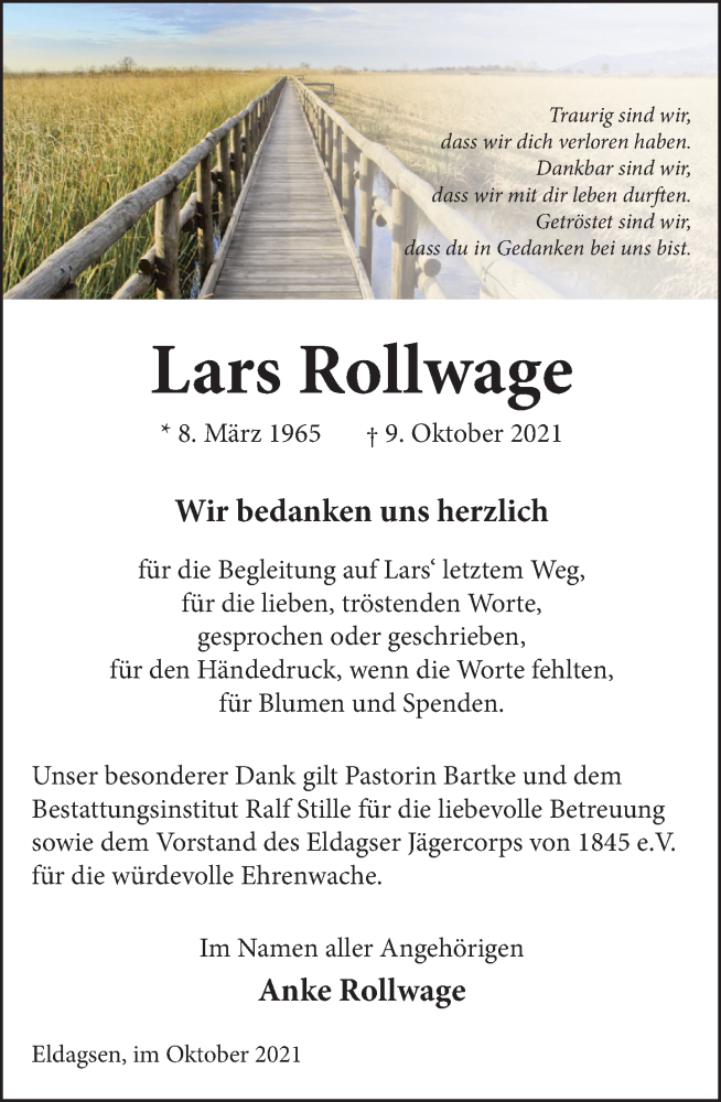  Traueranzeige für Lars Rollwage vom 06.11.2021 aus Neue Deister-Zeitung