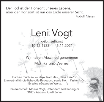 Traueranzeige von Leni Vogt von Deister- und Weserzeitung