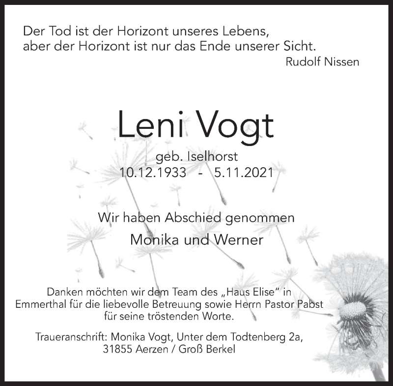  Traueranzeige für Leni Vogt vom 20.11.2021 aus Deister- und Weserzeitung