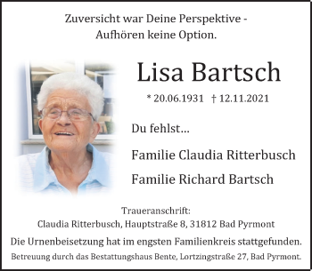 Traueranzeige von Lisa Bartsch von Deister- und Weserzeitung