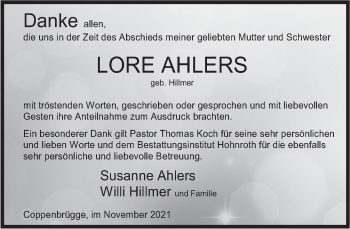 Traueranzeige von Lore Ahlers von Deister- und Weserzeitung