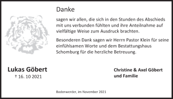 Traueranzeige von Lukas Göbert von Deister- und Weserzeitung