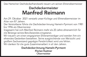 Traueranzeige von Manfred Reimann von Deister- und Weserzeitung