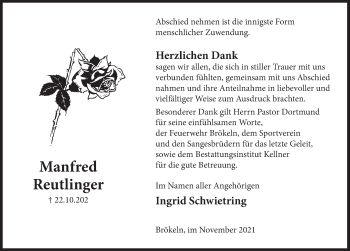 Traueranzeige von Manfred Reutlinger von Deister- und Weserzeitung