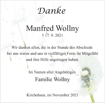 Traueranzeige von Manfred Wollny von Deister- und Weserzeitung