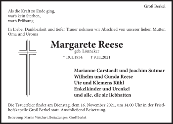 Traueranzeige von Margarete Reese von Deister- und Weserzeitung