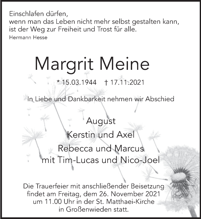  Traueranzeige für Margrit Meine vom 20.11.2021 aus Deister- und Weserzeitung