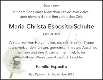 Traueranzeige von Maria-Christa Esposito-Schulte von Deister- und Weserzeitung