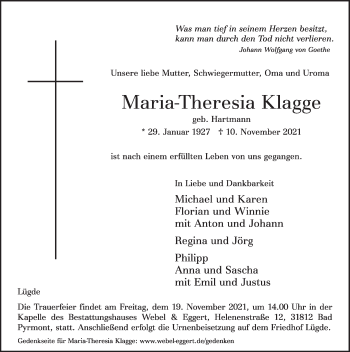 Traueranzeige von Maria-Theresia Klagge von Deister- und Weserzeitung